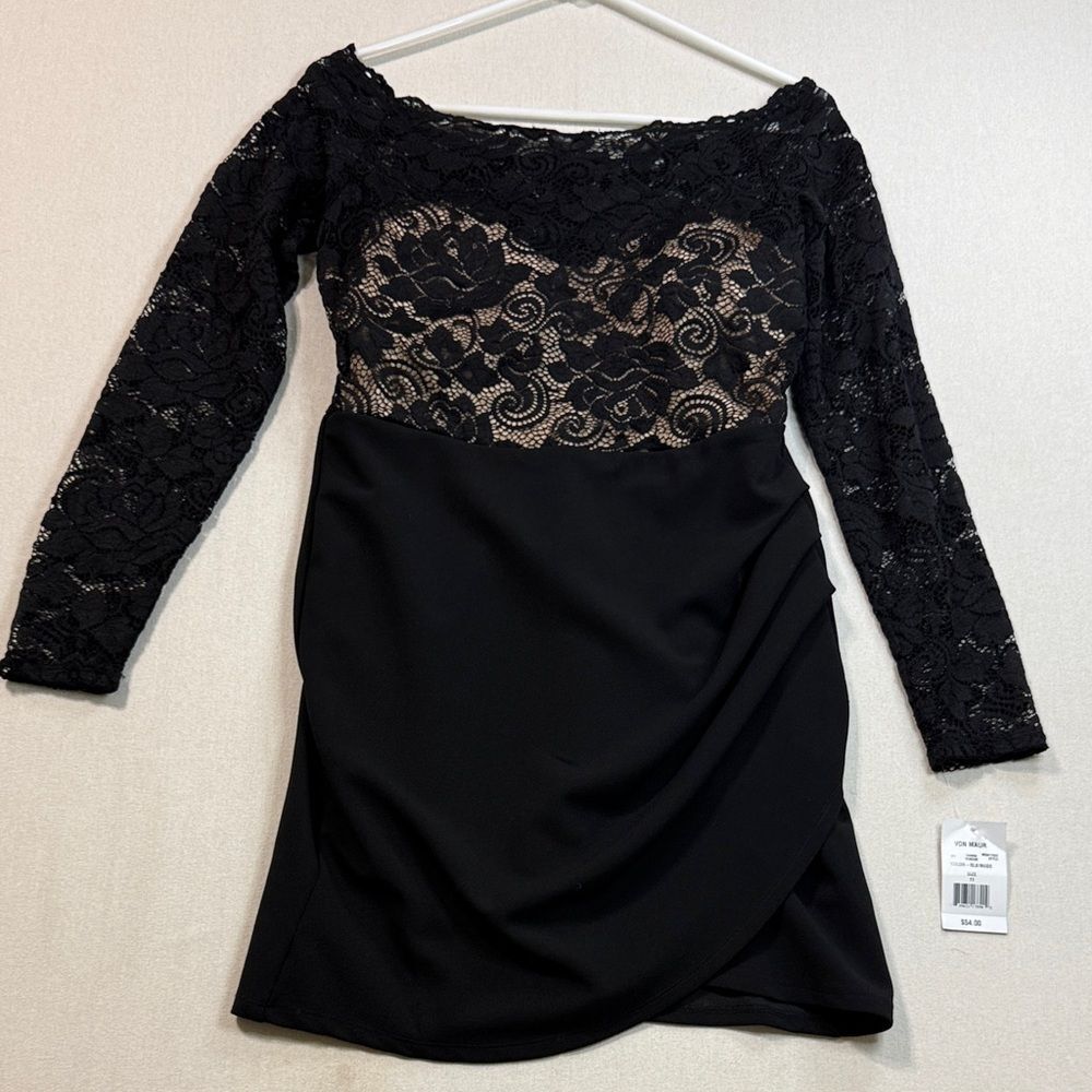 Crystal Doll Black and Beige Lace Long Sleeve Dress
